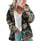 LUKYCILD Womens Western Aztec Print Zip up Hoodies Sweatshirt Sherpa Fleece Jacket Coat with Pockets Casual Warm Outwear