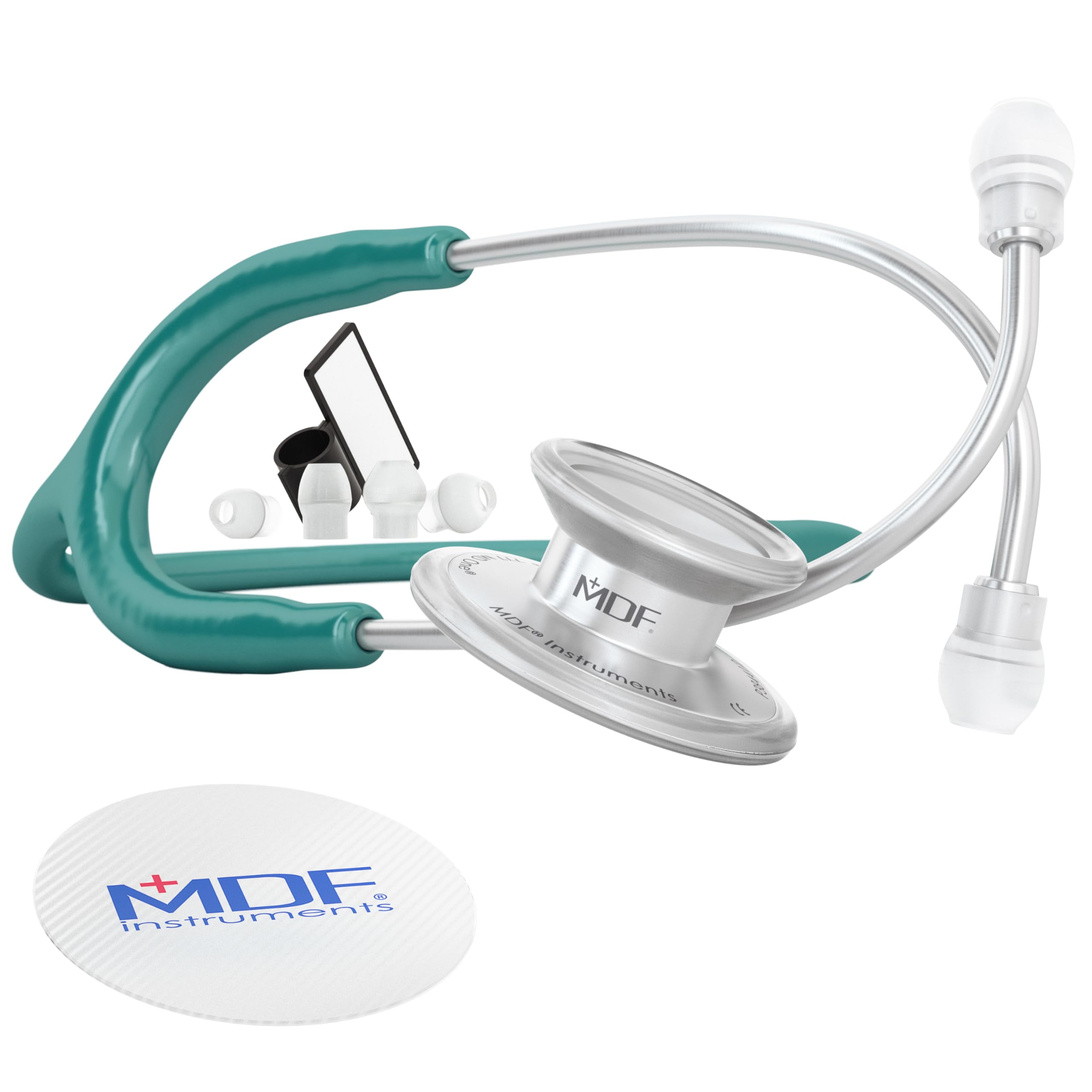 MDF Instruments, MD One Stainless Steel Premium Dual Head Stethoscope, Adult, Dark Green Tube, Silver Chestpieces-Headset, MDF77709 โ image 1