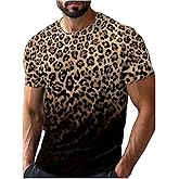 BEAUDRM Men's Leopard Print T Shirts Y2K Cheetah Crew Neck Short Sleeve Tees Vintage Tops Trendy Clubwear