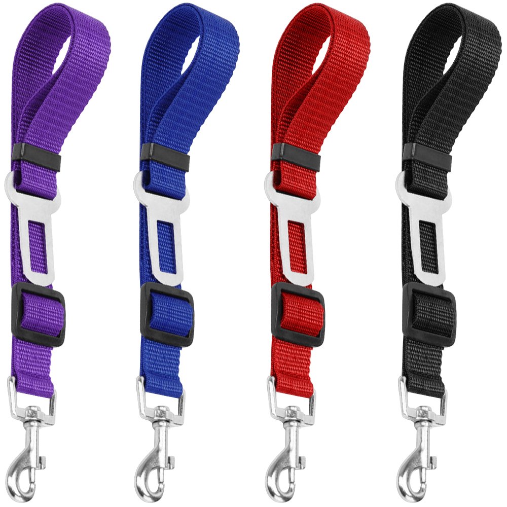 4 Pack Adjustable Pet Dog Cat Seat Belt, YuCool Safety Leads Vehicle Car Harness Seat Tether,Nylon Fabric- Black,Blue, Red, Purple