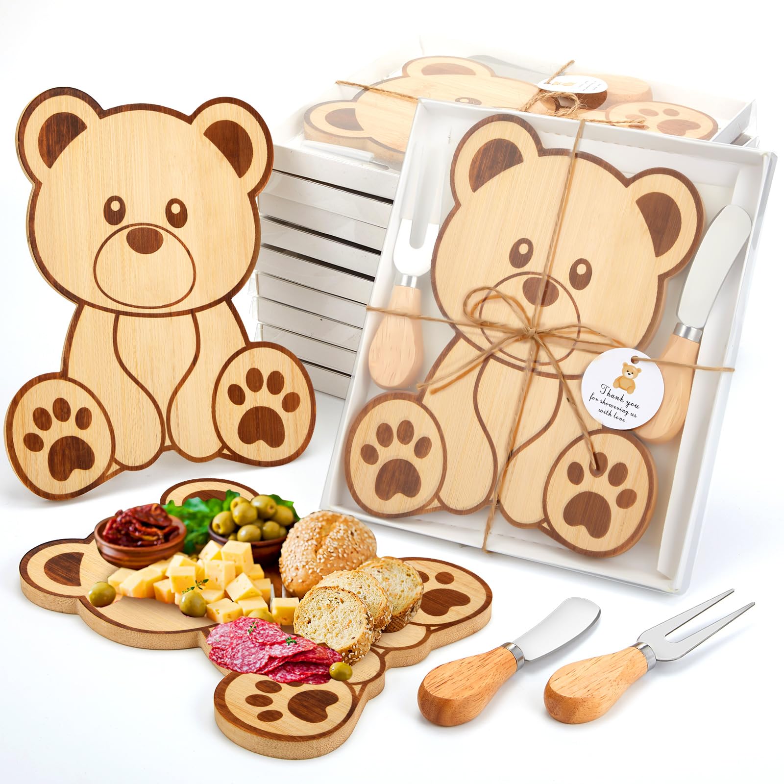 Photo 1 of Ziliny 12 Set Baby Shower Prizes Bear Shaped Cheese Board with Cheese Knives and Forks Baby Shower Party Favors Gift Box for Wedding Bridal Birthday Gender Reveal Favor (Bamboo Color)