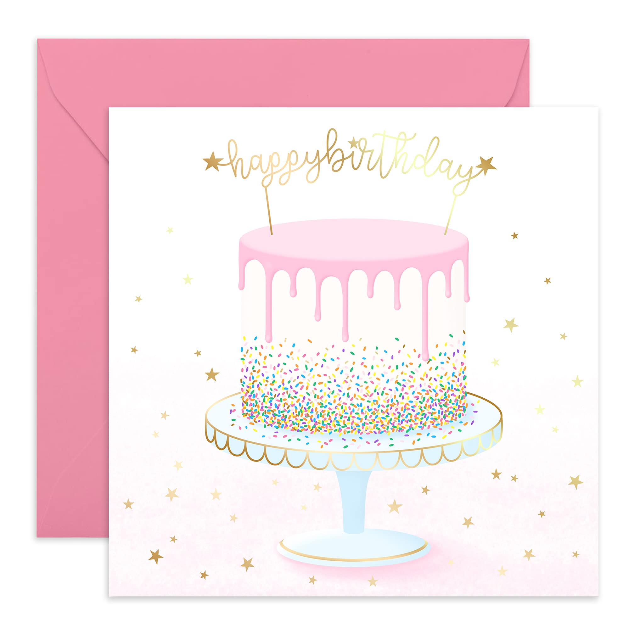 Pretty Birthday Card – Pink Drip Cake with Sprinkles – Cute & Stylish Card for Her, Daughter, Niece, Sister, Mum, Granny, Colleagues, Friend, Girls, Women, Ladies - Comes with Stickers