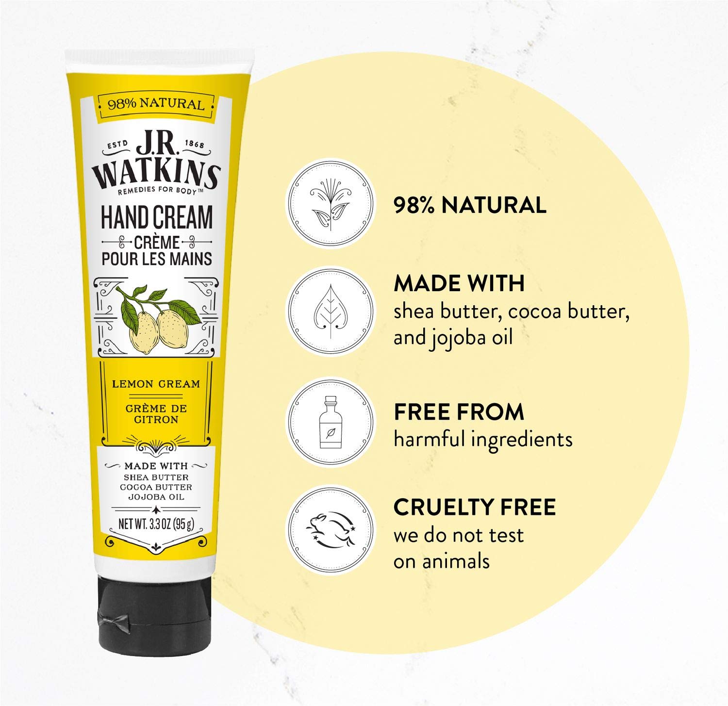 J.R. Watkins Natural Moisturizing Hand Cream, Hydrating Hand Moisturizer with Shea Butter, Cocoa Butter, and Avocado Oil, USA Made and Cruelty Free, 3.3oz, Lemon Cream, Single : Body Gels And Creams : Beauty