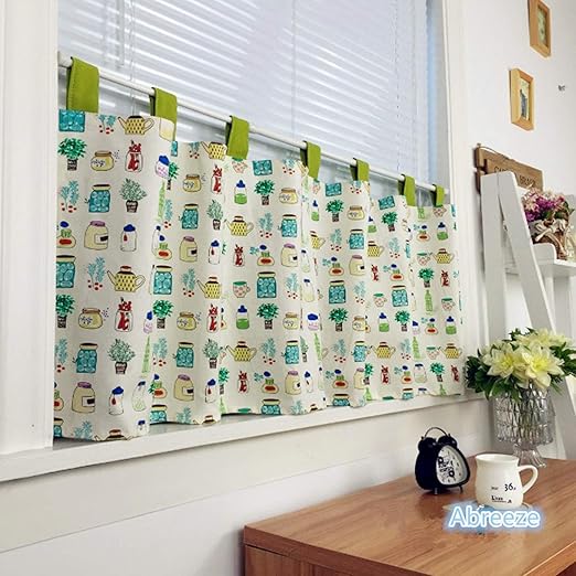Qucover Cafe Curtains Green Cartoon Printed Cotton Linen Short