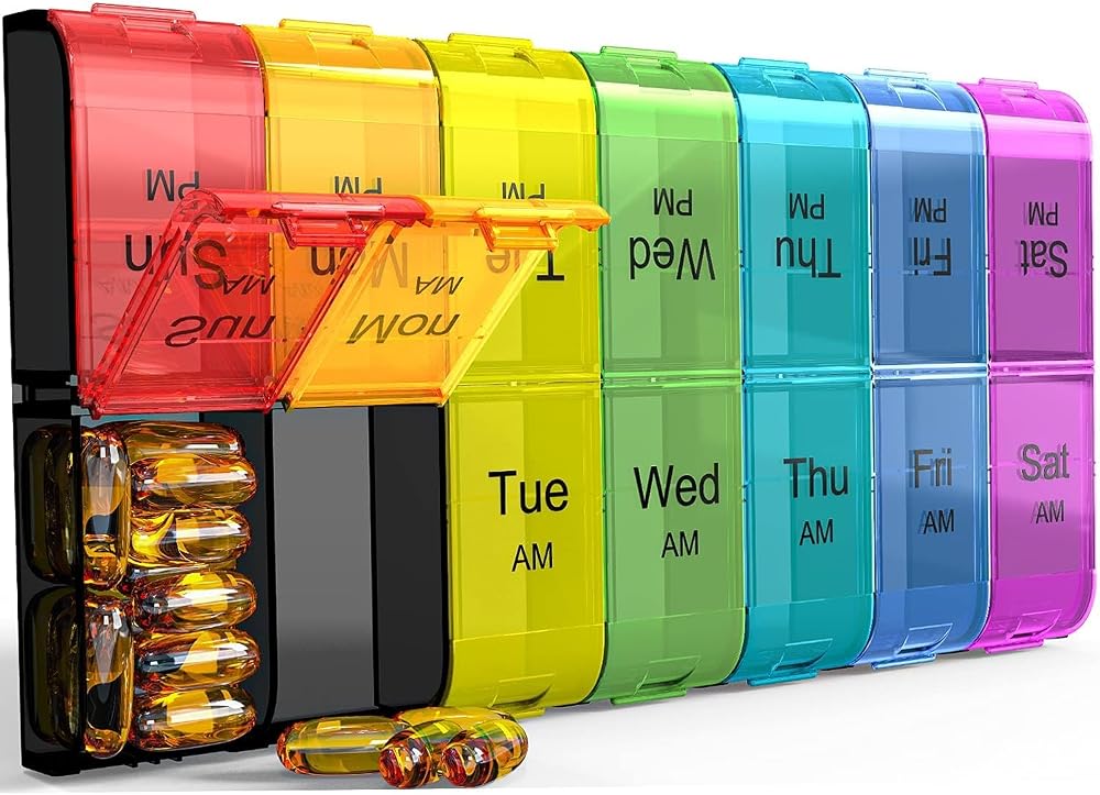 COLORWING Extra Large Pill Organizer 14-Compartment Twin Daily AM PM Rainbow