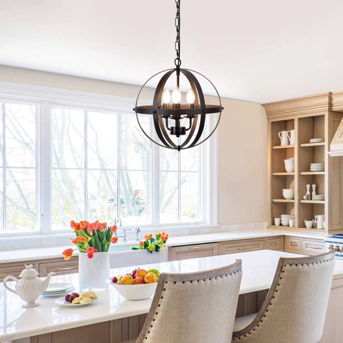 Ganeed Pendant Light, Industrial Globe Pendant Lighting, Vintage Chandelier Spherical Hanging Light, Ceiling Light Fixture for Kitchen Island Dining Table Farmhouse - - 