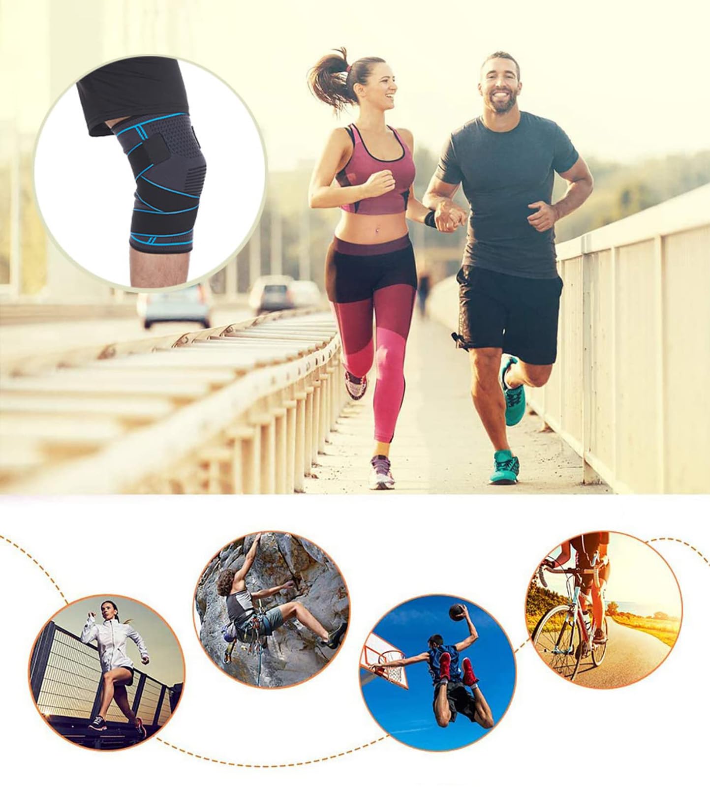 Seitaku Knee Brace Compression Sleeve with Strap: Knee Support Women Men for Running, Basketball, Weightlifting, Gym, Sports, Workout (NavyBlue, Large)