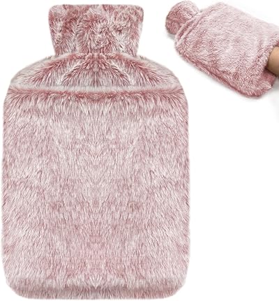 Jsdoin 2L Hot Water Bottle with Faux Fur Cover Pink Leakproof UK