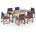 Tangkula 7 Piece Patio Dining Set, Acacia Wood Dining Chair & Table Set, 69” Spacious Tabletop with Umbrella Hole, Heavy-Duty Metal Support, Dining Set for Backyard, Poolside