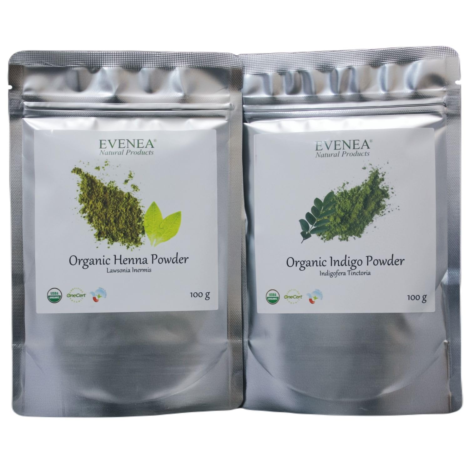 EVENEA 100g Pure Organic Henna + 100g Pure Organic Indigo Powder for Hair Coloring (India) - USDA Certified, No PPD, Chemical Free