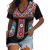 Womens Mexican Embroidered Tops Short Sleeve Fiesta Shirts Floral Peasant Blouses