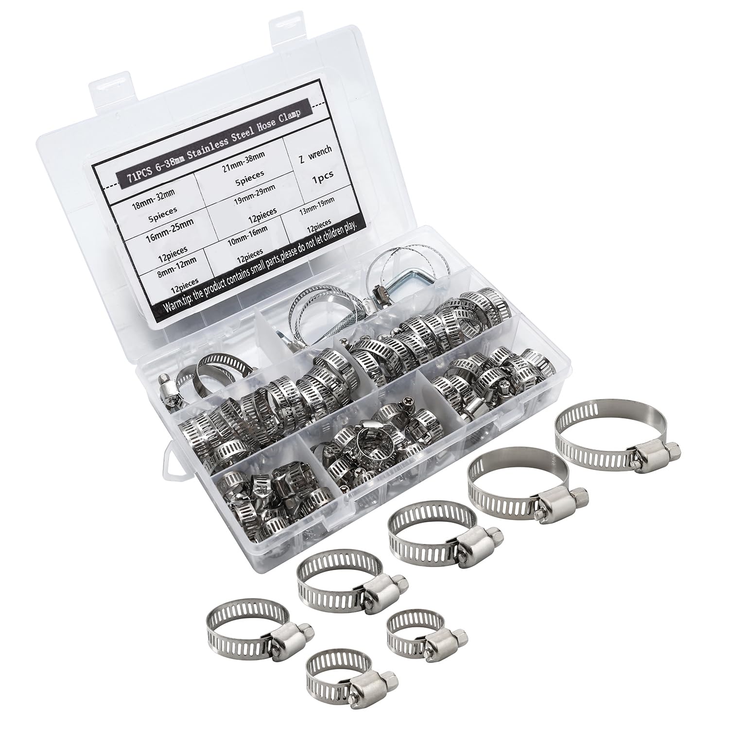 71Pcs Jubilee Clip Stainless Steel Hose Clips Adjustable 6-38mm Range Hose Clamps Pipe Clips Assortment with Screwdriver and Storage Case, 7Sizes