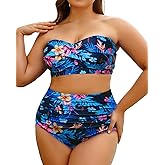 Yonique Women Plus Size Two Piece Swimsuits High Waisted Bathing Suits Bandeau Bikini Tummy Control Swimwear