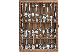 Ikee Design Wooden 30-Souvenir Spoon Display Case Cabinet, Wall-Mounted Tea Spoon Rack with Tempered Glass Door Suitable for Collection Display, Brown Color, 13.4W x 2.6D x 15.7H in