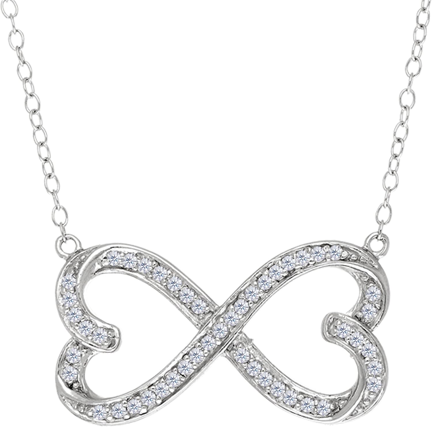 Double Heart Infinity Sign And CZ Necklace In Sterling Silver, 18