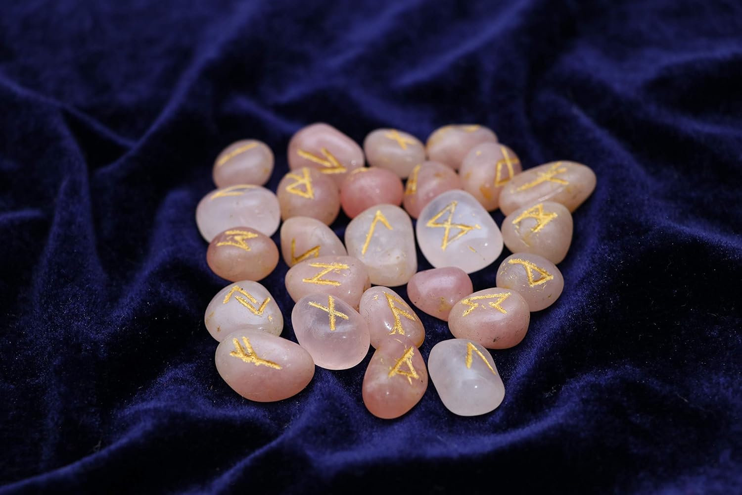 Crocon Rose Quartz Gemstone Rune Stone with Elder Futhark Alphabet Engraved Symbol 25 pcs Set for Feng Shui Reiki Crystal Healing Chakra Balancing Decor Size: 15-20 mm - Image 3
