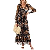 ANRABESS Women's Floral Maxi Dress 2025 Fall V Neck Puff Long Sleeve Flowy Casual Wedding Guest Tea Party Tulle Dresses