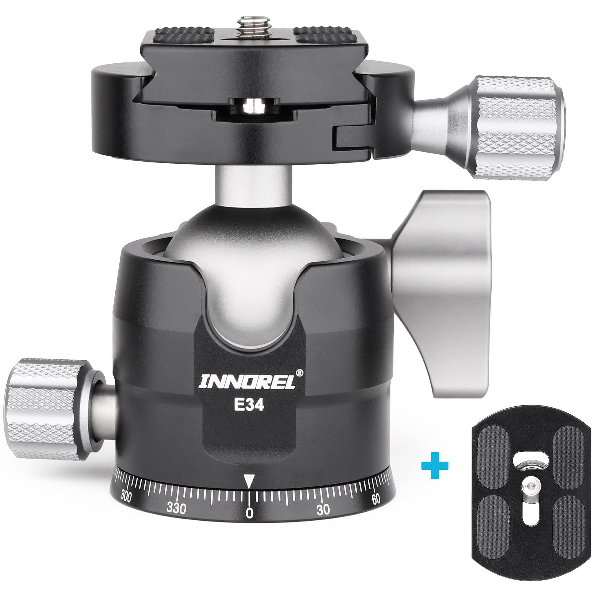 INNOREL E34 Low Profile CNC Tripod Ball Head 360° Panoramic Ballhead with 2 1/4 Arca-Swiss Compatible Quick Release Plates and Bubble Level for DSLR Cameras, Camcorder, Tripods and Monopods