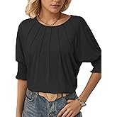 Am Direct Womens 3/4 Length Sleeve Tops Round Neck Pleated Dressy Casual Basic Shirts Tunic