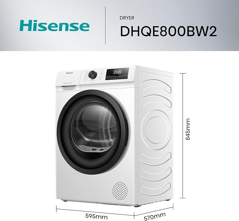 Hisense DHQE800BW2 - Secador de Roupa, 8Kg, Classe A++, 60cm Largura, 16 Programas, Secagem Automática, Secagem Rápida, Secagem Antirrugas, Bomba de Calor, Secagem Ion Refresh, Branco