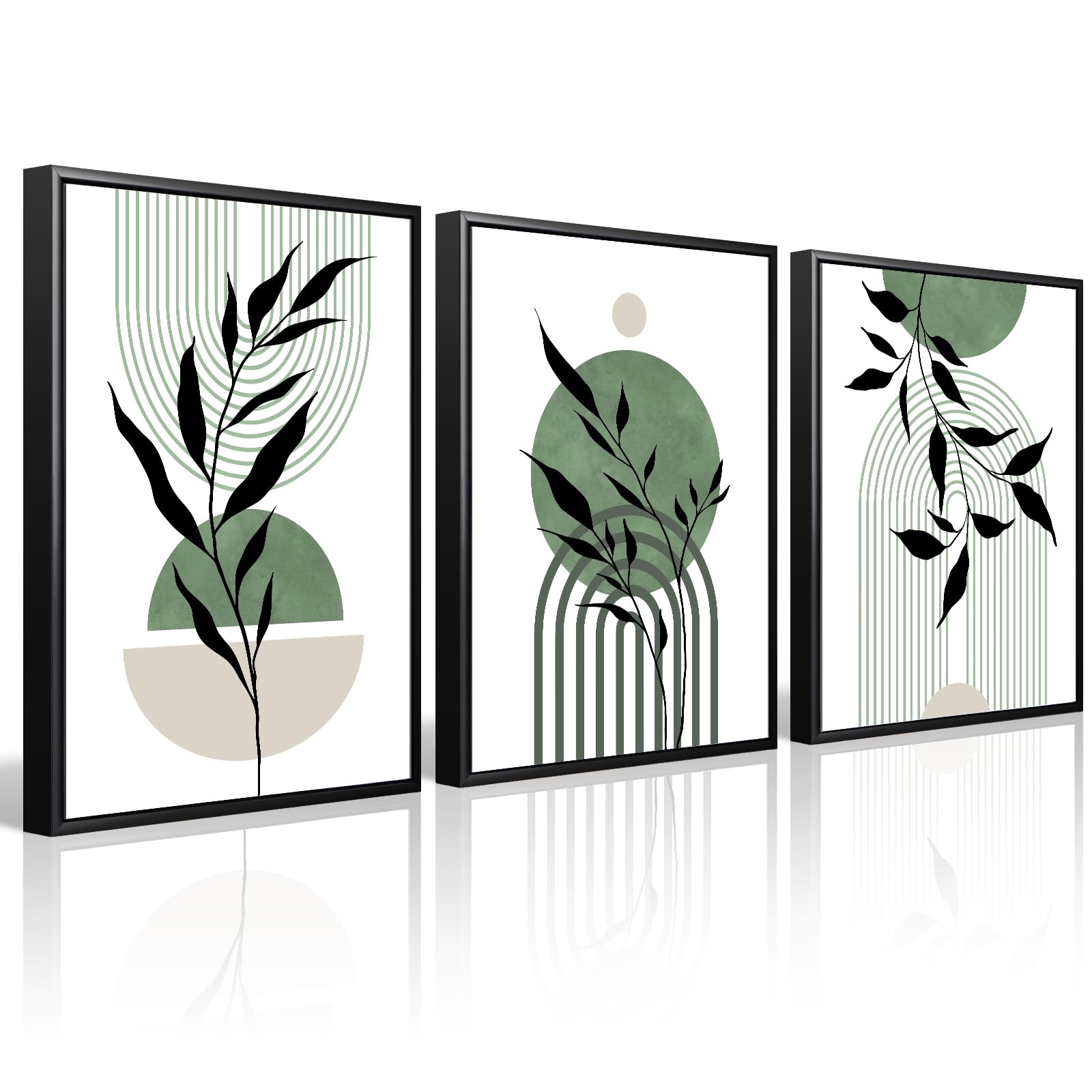 Mid Century Modern Wall Art Set of 3 Sage Green Canvas Wall Art Boho Prints Green Wall Decor Black Beige Abstract Wall Art Picture Mid Century Painting for Living Room Bedroom 12x16 Inch UNFRAMED