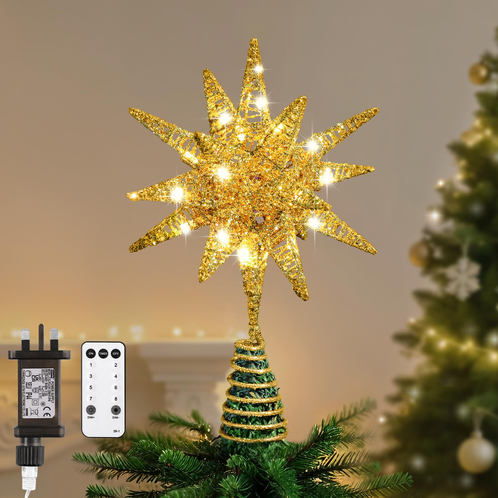 Lewondr Christmas Tree Topper, Plug in 3D Starburst Xmas Lighted Star Tree Topper, Remote Control & Timer Light Up Vintage Moravian Tree Topper for Christmas Decoraiton, Warm Light, Champagne Gold