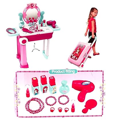 Manvi Toys Beauty Play Set with Trolley, 2 in 1 Beauty Play Set with Luggage Trolley for Kids | Multiple Pieces | Girls Toys.