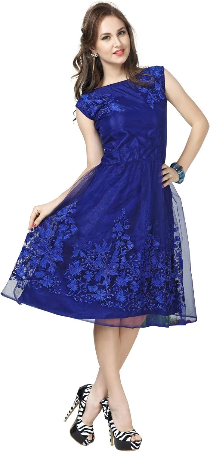 Buy Adad Fab Women S Net Knee Length One Piece Skater Dress Blue Small At Amazon In