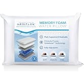 Mediflow Water Pillow with Memory Foam &mdash; Adjustable Waterbase; One-Piece Foam; Clinically Shown to Reduce Neck Pain; Deep, Uninterrupted Sleep; Side/Back/Stomach Sleepers, Standard/Queen (Single Pack)