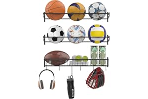 YBING Sports Equipment Organizer with 3 Separate Shelf, Ball Racks for Garage, Garage Sport Equipment Organizer with Hooks,Wall Mount Sports Holder Storage, Black