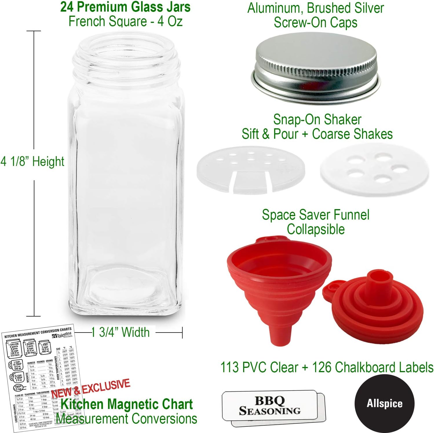 4 Spice Racks with 24 Glass Spice Jar & 2 Types of Printed Spice Labels by Talented Kitchen. Complete Set: 4 Wall Mount Stainless Steel Racks, 24 Square Empty Glass Jars 4oz, Chalkboard & Clear Label: Home Improvement