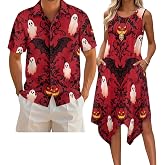 AQYAPTOIY Matching Hawaiian Outfits Vacation Dresses for Women Long Flowy Irregular Sundress Mens Summer Button Down Shirts