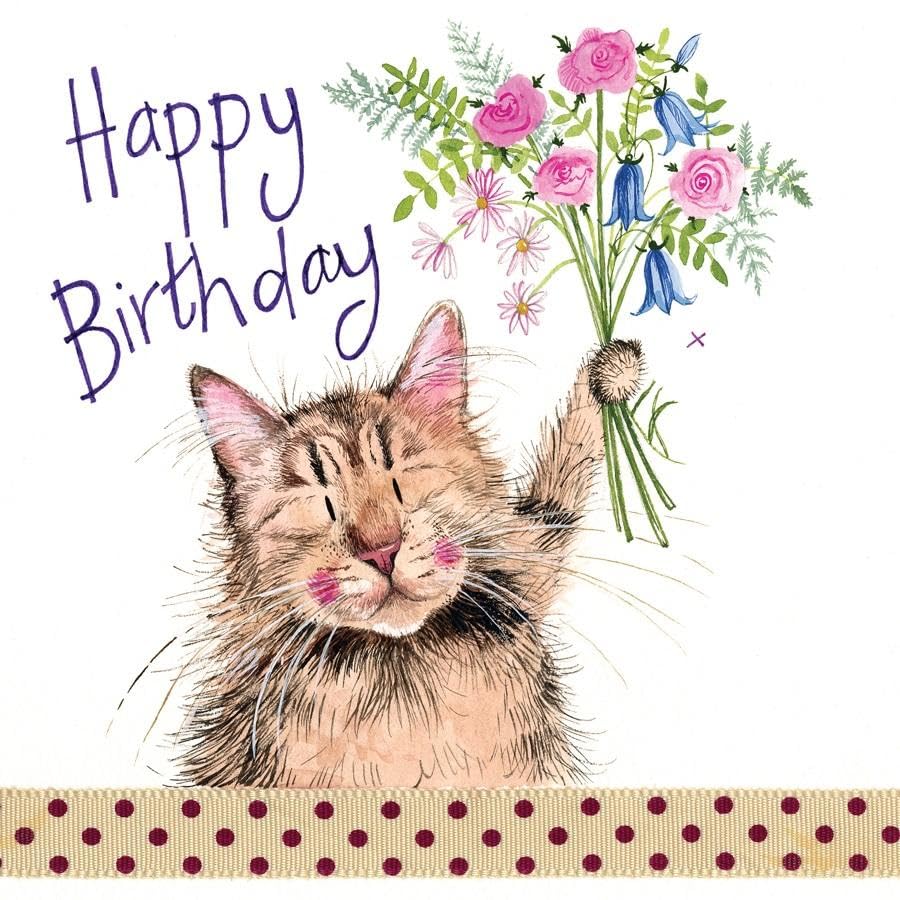 ALEX CLARK Happy Birthday Cat and Bouquet Card