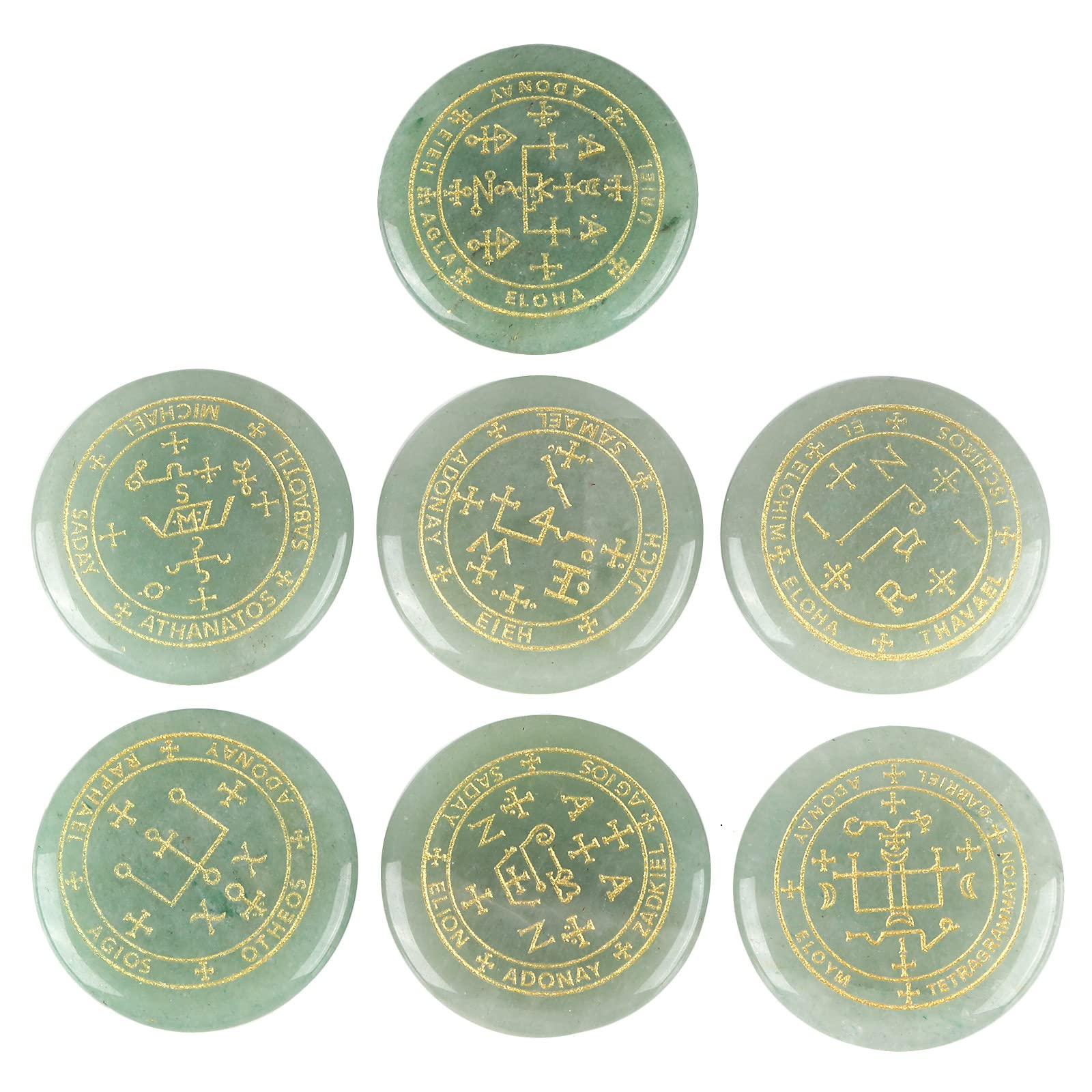 mookaitedecor 7pcs Green Aventurine Crystals Healing Crystal Grid Set with Engraved Magic Archangel Sigils Symbol for Meditation Pocket Palm Stones Spiritual Crystal Set Witchcraft Witch Gifts Decor