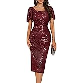 BeryLove Womens Sequin Formal Cocktail Dresses Sparkly Ruffle Sleeves Modest Prom Glitter 2026 Night Club Party Bodycon Ruched Burgundy Modest Homecoming Dress Burgundy XL