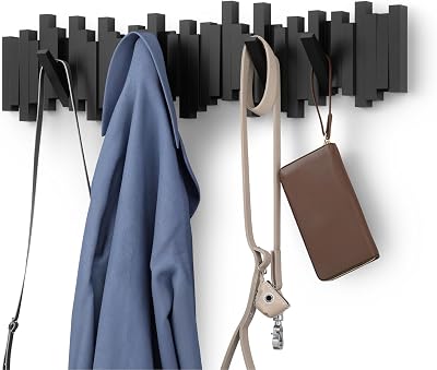 Umbra Sticks Wall-Mounted Coat Rack Rail with 8 Retractable Pegs Black