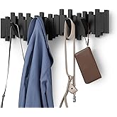 Umbra Sticks Wall-Mounted Coat Rack Rail Hook with 8 Retractable Pegs – Modern, Space-Saving Storage Organizer, Black