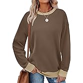Saloogoe Sweatshirts for Women Crewneck Long Sleeve Loose Fit Tops Color Block Ribbed Trim Fashion 2025