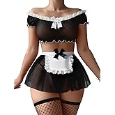 Vicarly Sexy Maid Mini Skirt Lace Mesh Sheer Stockings Lingerie Halloween Costume Cosplay Outfit Set with Thong 4 Piece