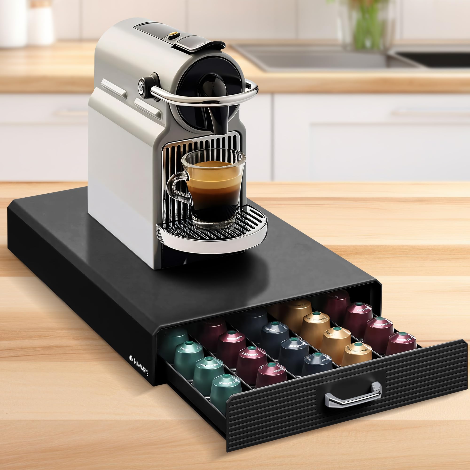 Navaris Coffee Pod Holder Drawer - 50 Capsule Storage Organiser Tray Container Box Stand - Compatible with Standard Sizes of Pods and Capsules - Black