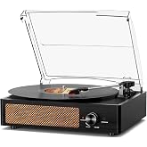Record Player for Vinyl with 2 Build-in Speakers LP Vinyl Players Belt-Driven Vintage Turntables 3 Speed 3 Size, Wireless Bluetooth Playback, AUX-in, RCA Out, Headphone, Auto Stop