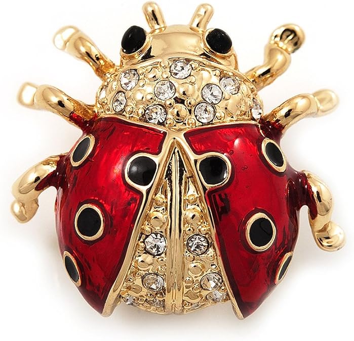 Avalaya Black/Red Enamel Crystal Lady Bug Brooch in Gold