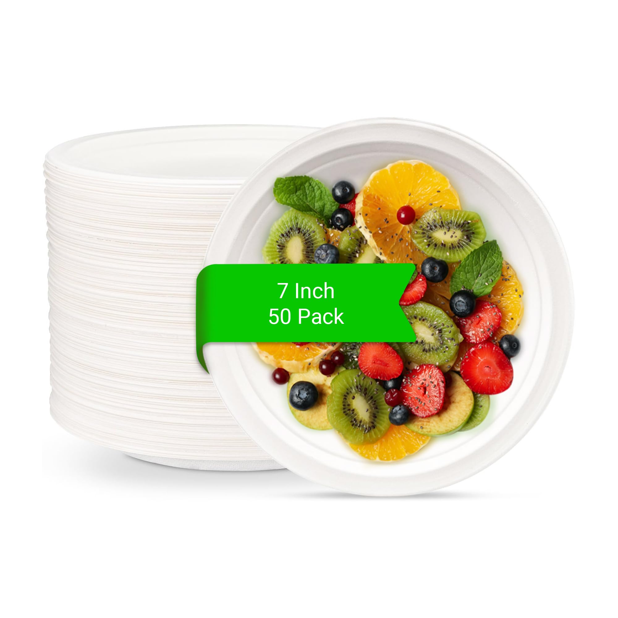 Fasttrack 7-inch White Paper Plates - Super Rigid 50 Pack Extra Strength Bagasse Sugarcane Disposable Microwave Biodegradable Plates for Parties
