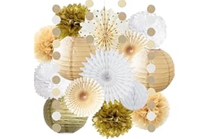FETETIJD White Gold Party Decorations Tissue Pom Poms Paper Lanterns Hanging Paper Fan Honeycomb Christmas Wedding Engagement Bachelorette Neutral Birthday Baby Bridal Shower Decoration