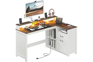 HOOBRO Farmhouse L-Shaped Computer Desk with Charging Station and Adjustable Lighting, Corner Office Desk with File Drawer fo