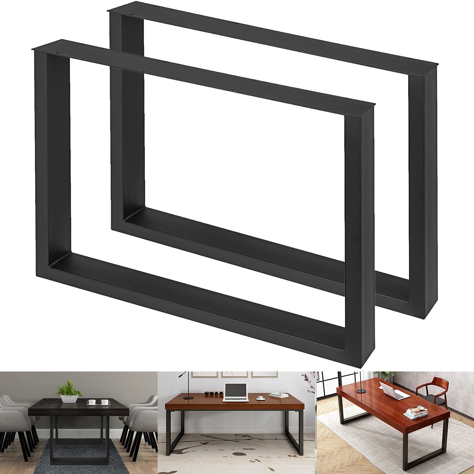 VEVOR Set of 2 Steel Table Legs, 28 Height 24 Wide Dining Table Legs,Heavy Duty 3.1" Width Box Section Square Table Legs,28x24x3.1 Inch Black Color Industrial Country Style Metal Dining Legs Image