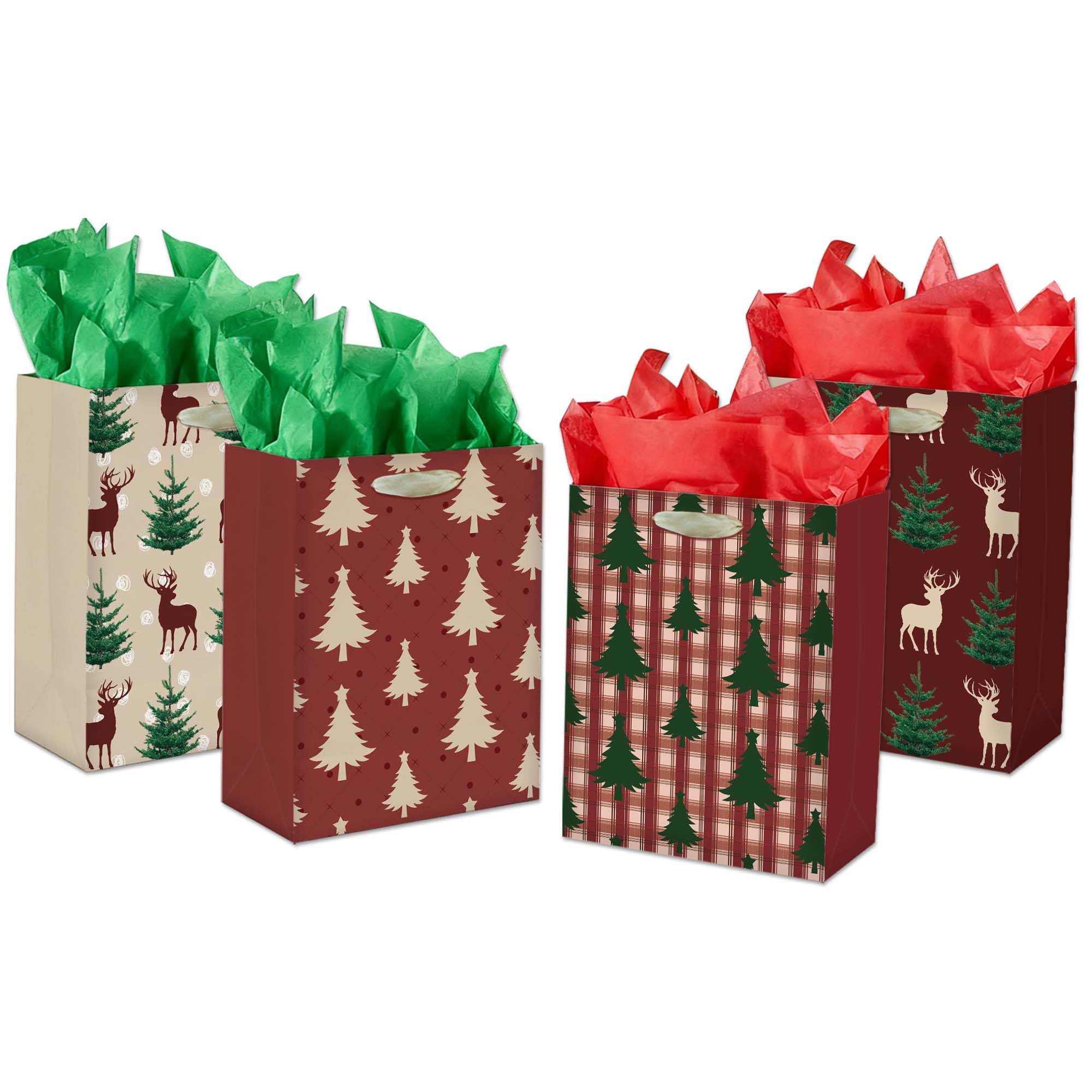 Photo 1 of 4 Pack Christmas Gift Bags with Handles & Tissue Paper, 4 Patterns Designs Gift Bags for Red Holiday, Perfect for Holiday Gift Wrap & Party Favor Supplies (9 x 7 x 4 in)