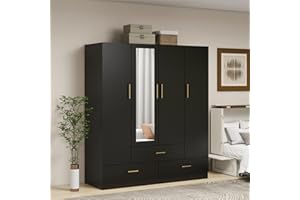 WonderWard Wardrobe Closet, Wardrobe Closet with 4 Doors, Armoire Wardrobe Closet with Storage Cabinet, Wardrobe Cabinet with 3 Storage Drawers, Black Armoire with Hanging Rod(71" H x 63" W x 20" D)