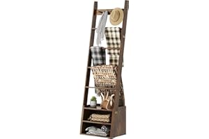 NiHome Rustic Blanket Ladder Shelf with Solid Wooden Base, 5.08ft Wall-Leaning Towel Rack with 4 Hooks, Space-Saving Decorati