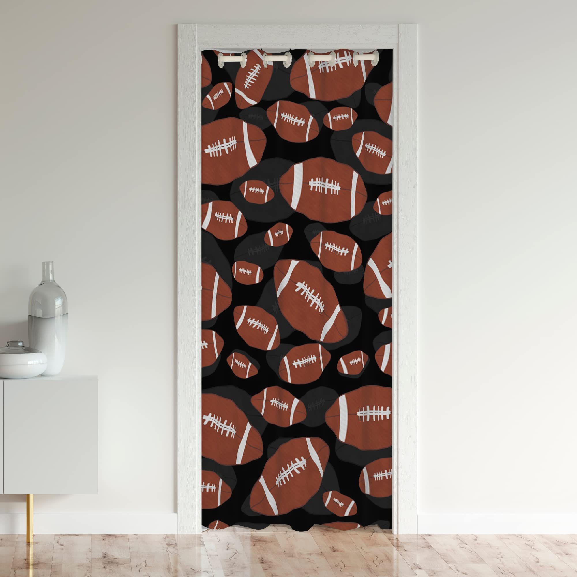 Loussiesd Football Door Curtain for Doorway Privacy,Rugby Sports 30%-50% Room Darkening Blackout Insulated Thermal Curtain,Football Ball Game Brown Black Room Divider Curtain Cover,86x203cm 1 Panel